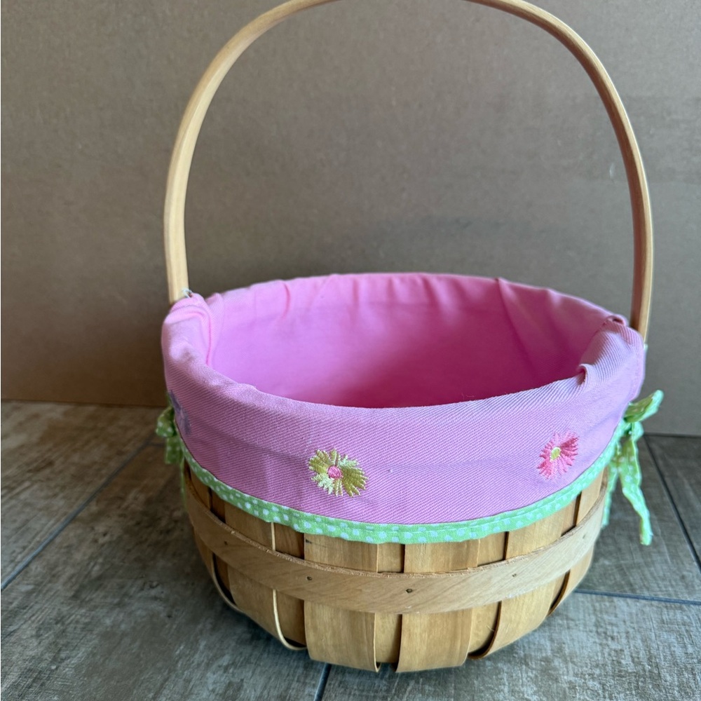 Pink and Green Flower Embroidered Lined Easter Basket